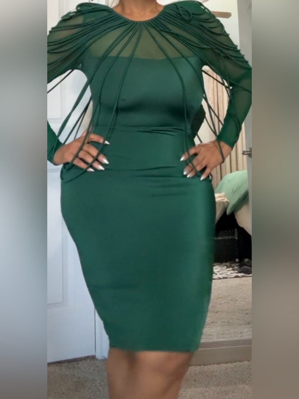 Fashion Nova Emerald Green Long Sleeve Bodycon Dress